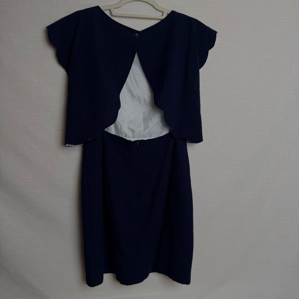 Lauren James Navy Blue Overlay Dress Made in USA Size M EUC - Picture 9 of 11